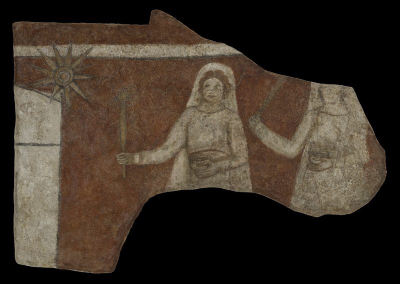 Fragmento de pintura mural: mulheres de véu branco caminham em procissão, levando tochas, sob uma estrela