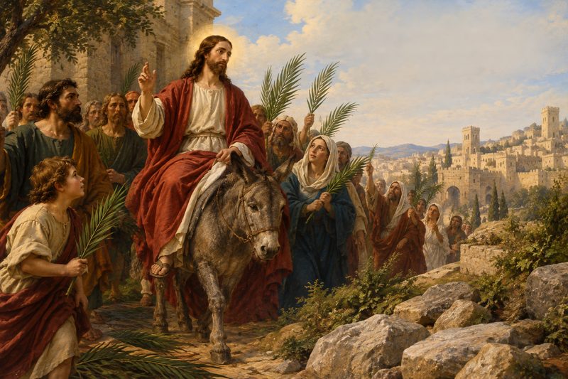 Ilustração: Jesus, com auréola, entra montado num jumento entre os discípulos e pessoas que levam ramos de palmeira; à direita, pedras no caminho e, ao fundo, as muralhas de Jerusalém