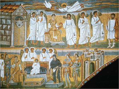 Mosaico: a Virgem Maria, sentada, entre anjos vestidos de branco; no alto, um anjo em voo e a pomba do Espírito Santo