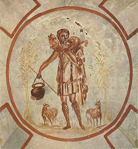 Pintura de catacumba: o Bom Pastor leva uma ovelha nos ombros e um balde na mão, entre duas ovelhas