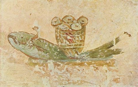 Pintura de catacumba: um peixe carrega sobre o dorso um cesto cheio de pães