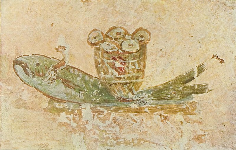 Pintura de catacumba: um peixe carrega sobre o dorso um cesto cheio de pães