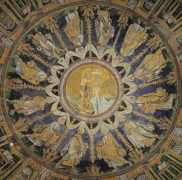 Mosaico da cúpula: no centro, João batiza Jesus no Jordão sob a pomba; ao redor, os doze Apóstolos em círculo