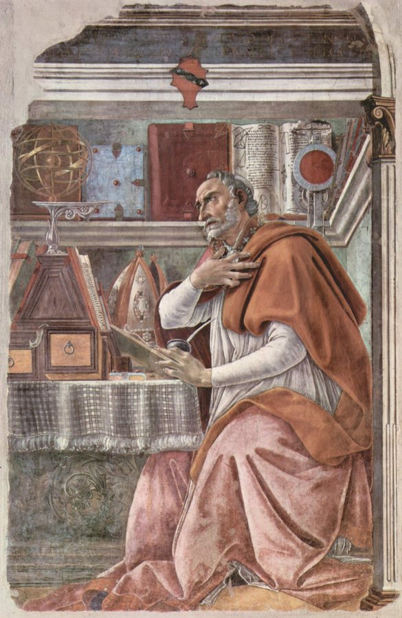 Afresco: Agostinho de Hipona, de capa vermelha, com a mão no peito e o olhar voltado para o alto, diante de livros e instrumentos